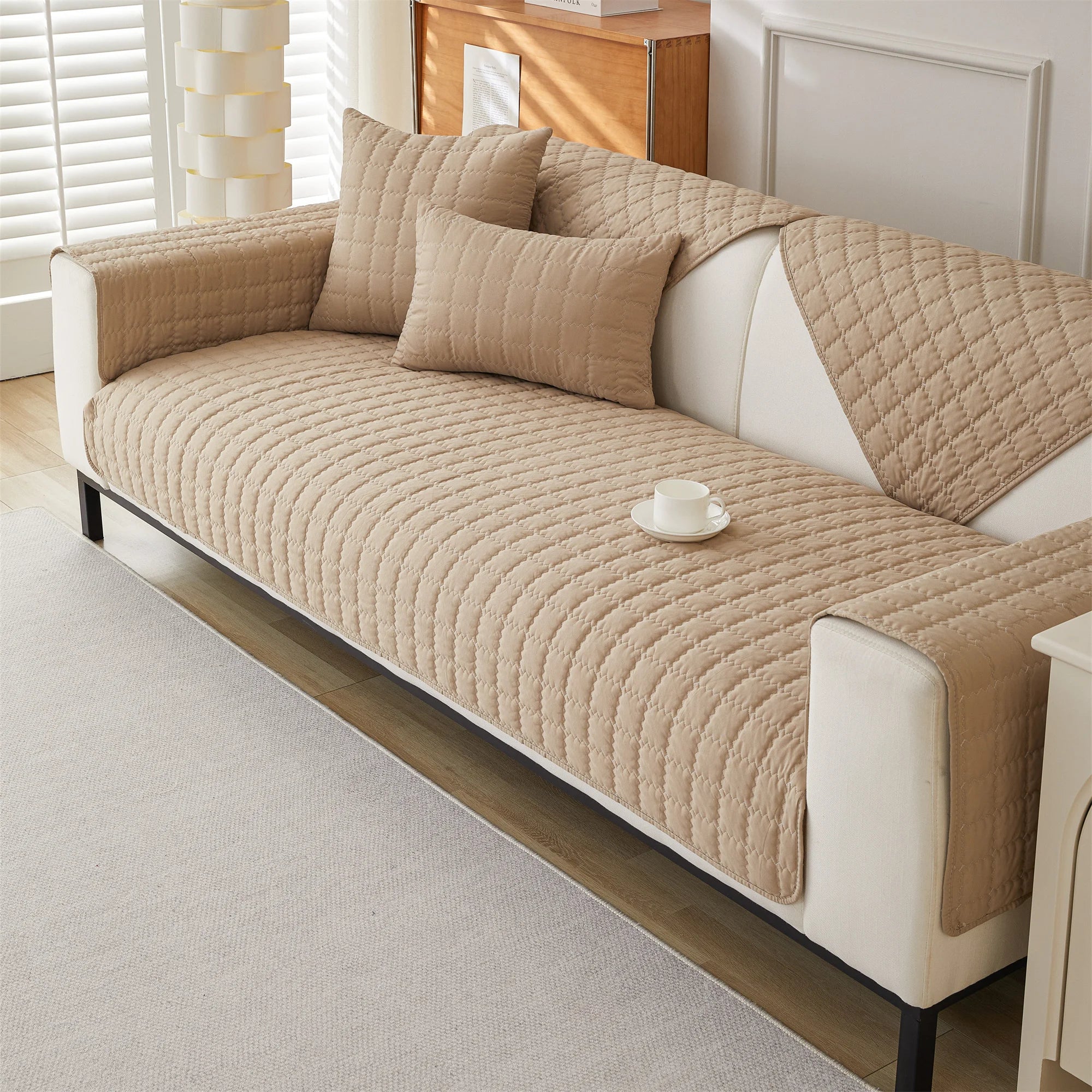 1pc Plain Simple Solid Quilted Anti-Slip Sofa Cover, Sofa Slipcover Furniture Protector For Bedroom Office Living Room Home Deco