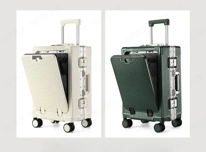 Front Opening Aluminum Frame Rolling Luggage – Large Capacity ABS+PC Trolley Suitcase with USB Charging