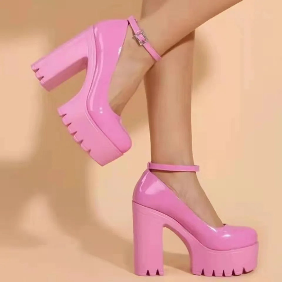 Pink Chunky Heeled Ankle Strap Pumps – Sweet Platform Square Heel Women’s High Heels