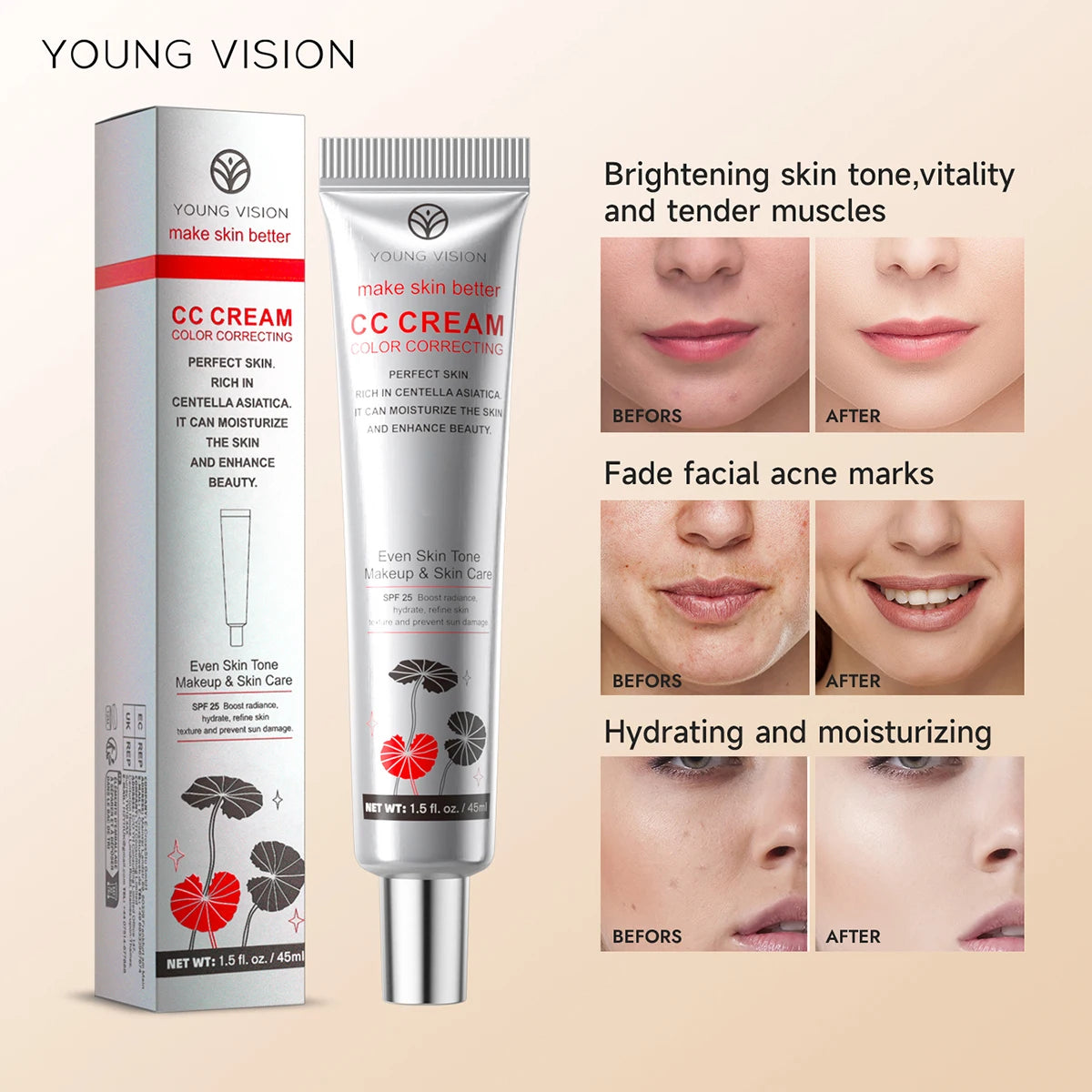 2-Color Brightening CC Cream with Puff – Even Skin Tone & Conceal Pores, Women’s Makeup Cosmetics