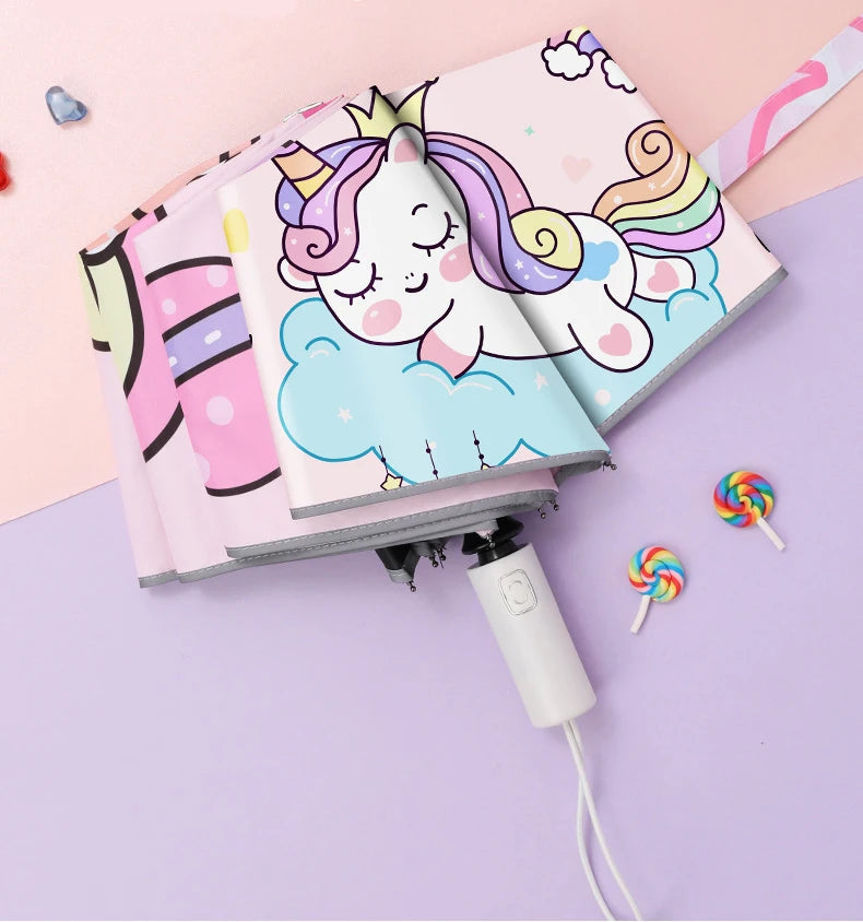 Pink Unicorn Princess Automatic Umbrella – Windproof Folding Reflective Umbrella