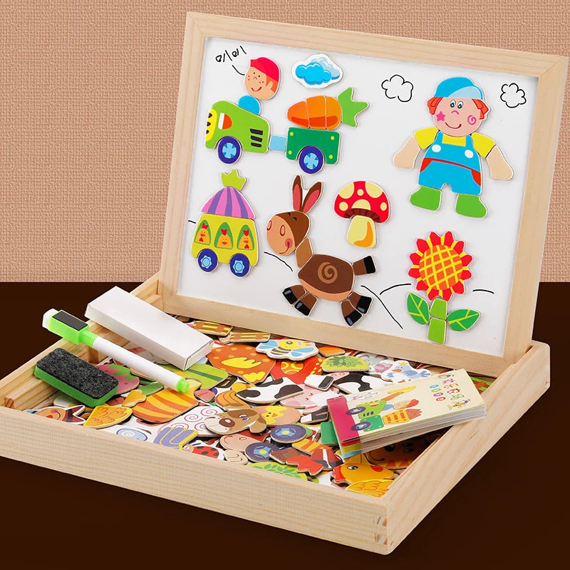 100+Pcs Wooden Magnetic Animal Puzzle Board – Multifunction Learning Drawing Toy for Kids Education & Creativity