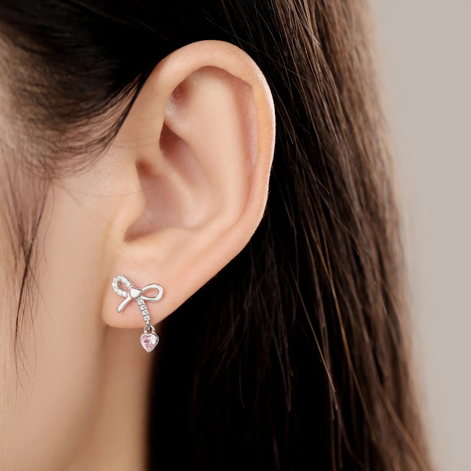 925 Sterling Silver Pink Heart Bow Stud Earrings – Elegant Gift for Women