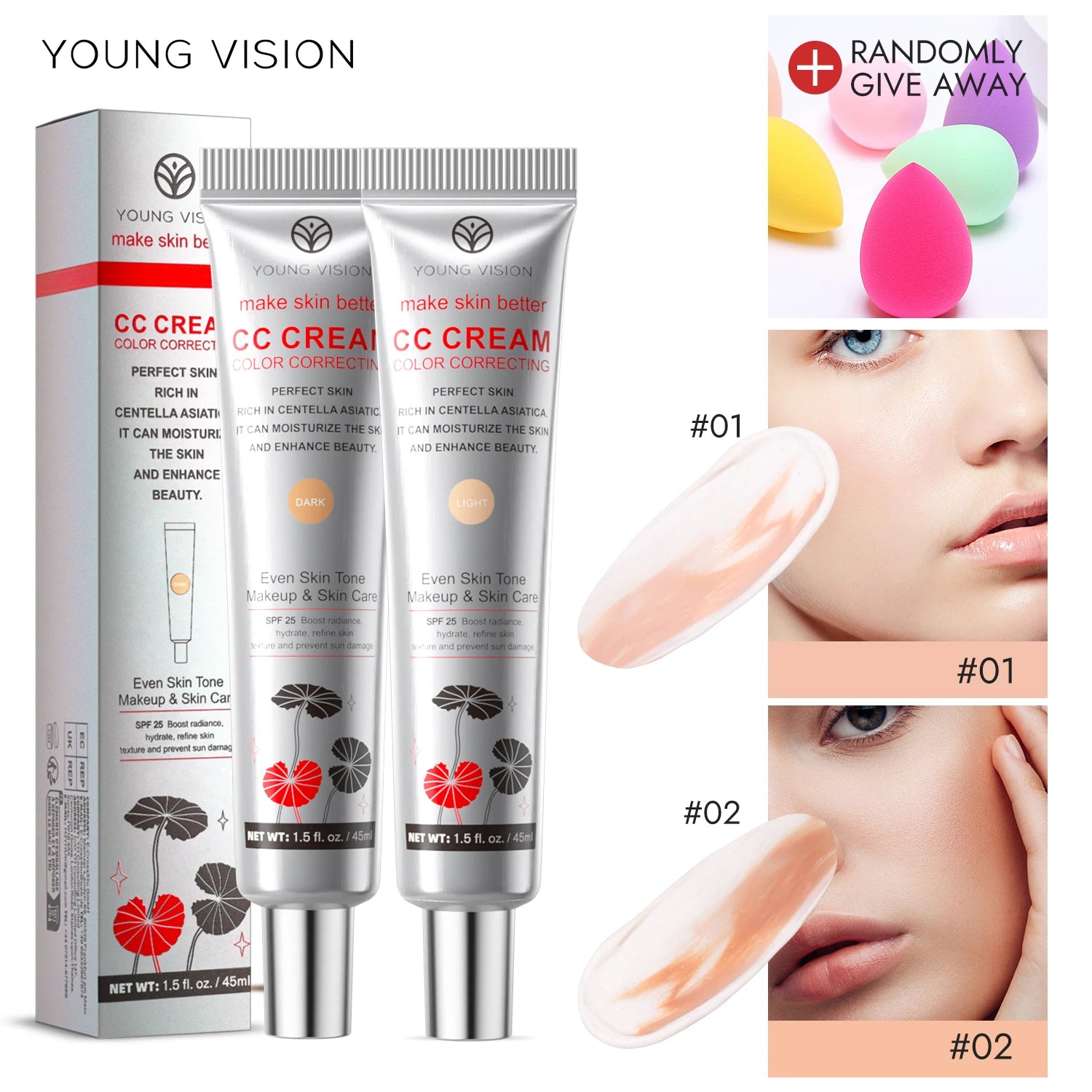 2-Color Brightening CC Cream with Puff – Even Skin Tone & Conceal Pores, Women’s Makeup Cosmetics