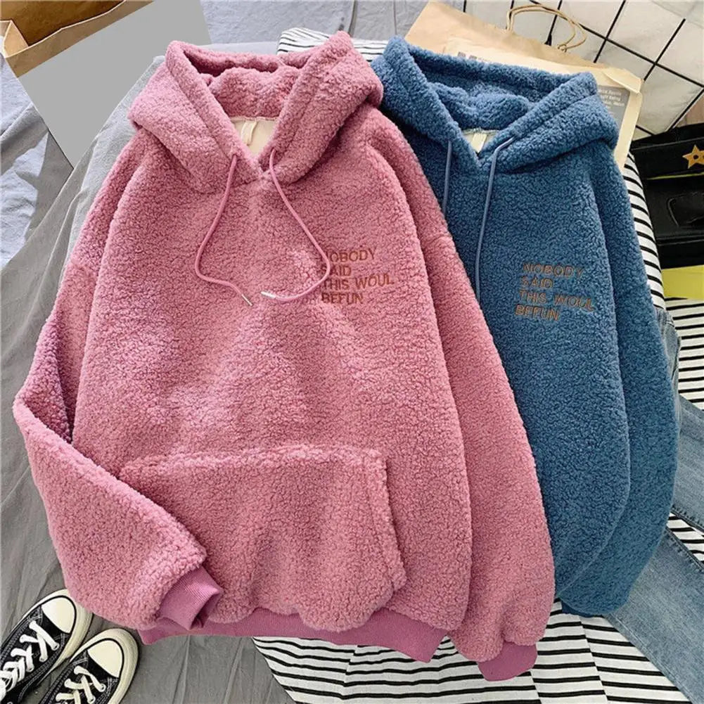 Pink Hooded Harajuku Sweatshirt – Autumn/Winter Fleece Pullover for Women