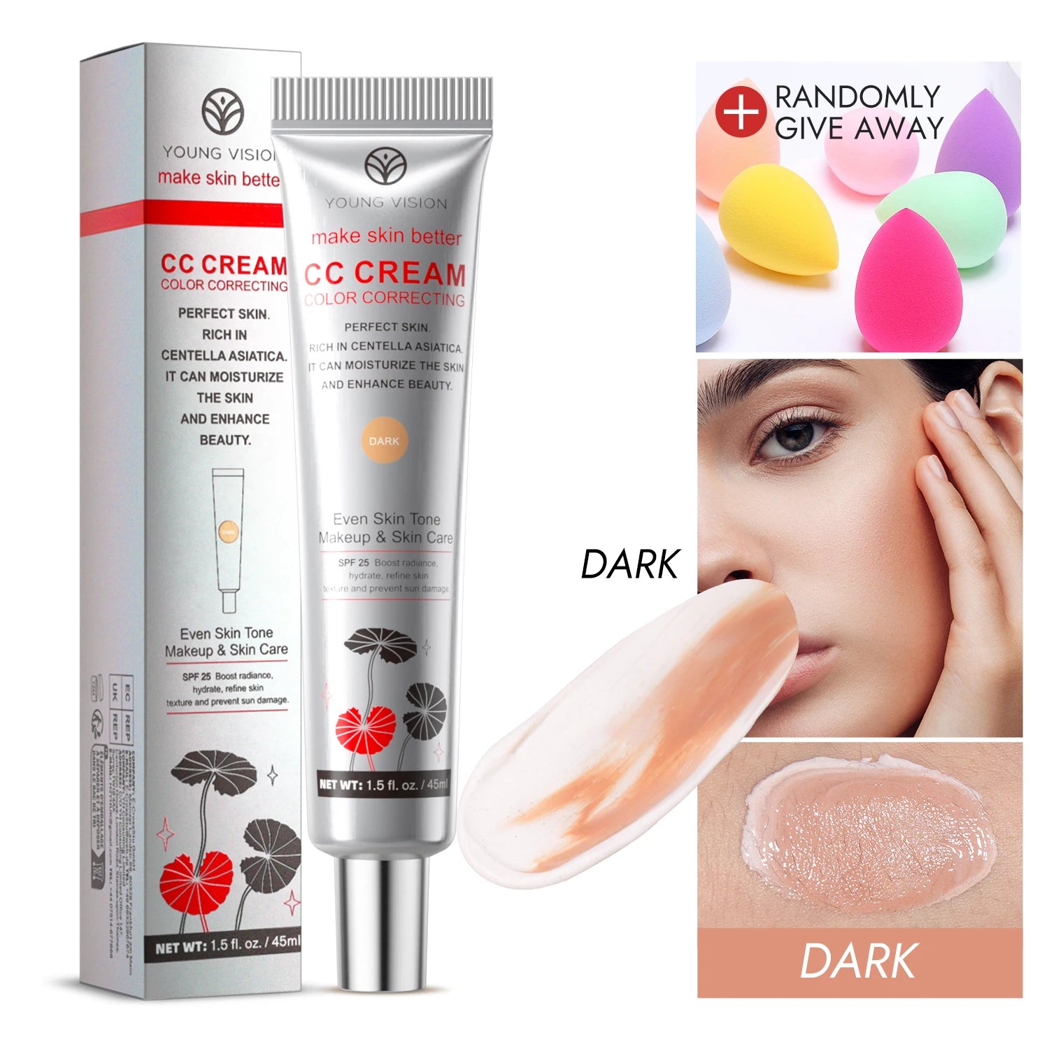 2-Color Brightening CC Cream with Puff – Even Skin Tone & Conceal Pores, Women’s Makeup Cosmetics