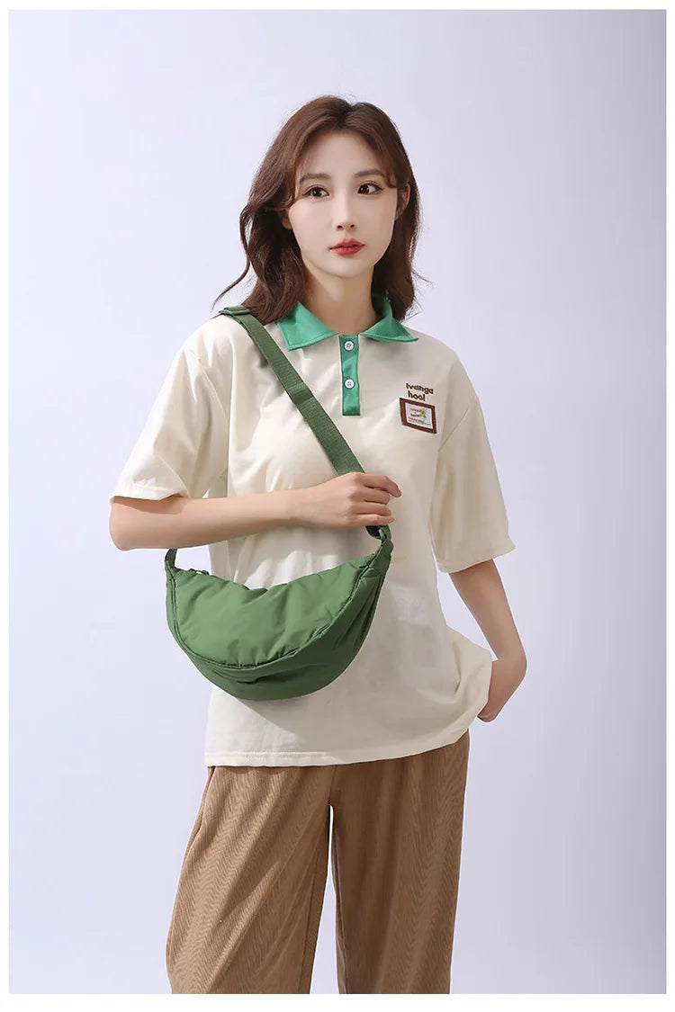 Solid Color Women’s Nylon Shoulder Bag – Portable Padded Crossbody Messenger Travel Handbag