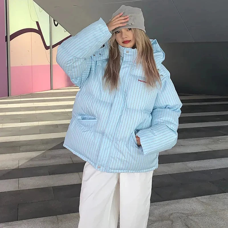 H250 Women’s Striped Quilted Cotton Coat – Hooded Loose Winter Overcoat 2025