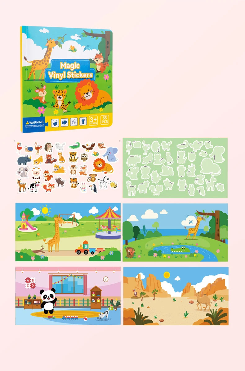 Reusable Magic Sticker Book – DIY Cartoon Animal Puzzle Learning Toy for Kids