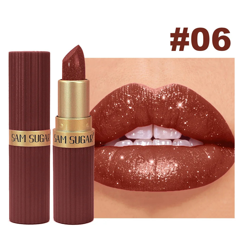 Pearlescent Pink Glitter Velvet Lipstick – Metallic, Waterproof, Long-Lasting Matte Shimmer Diamond Lipstick