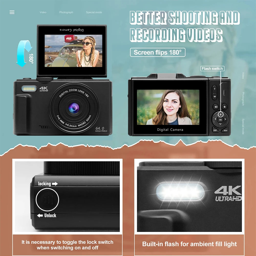 4K 64MP Digital Vlogging Camera – 18X Zoom Compact Photography Camera with 3” 180° Flip Screen & Flash