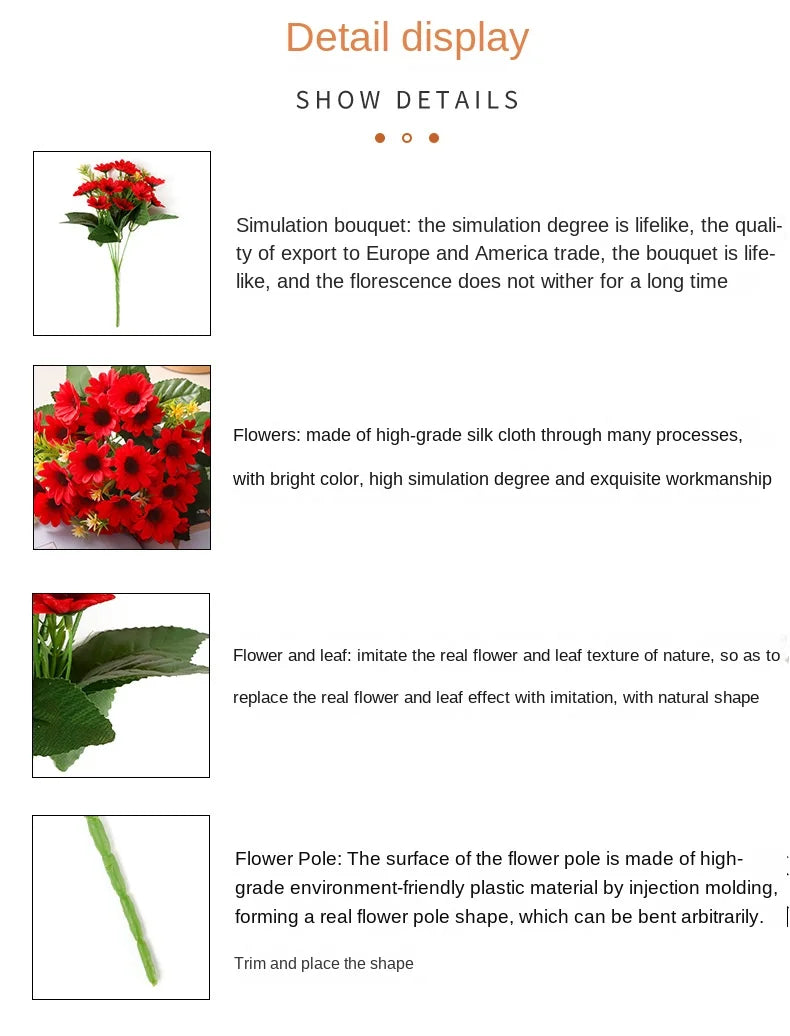 5 Fork 15-Head Artificial Daisy & Chamomile Flower Stems – Wedding & Home Party Decor