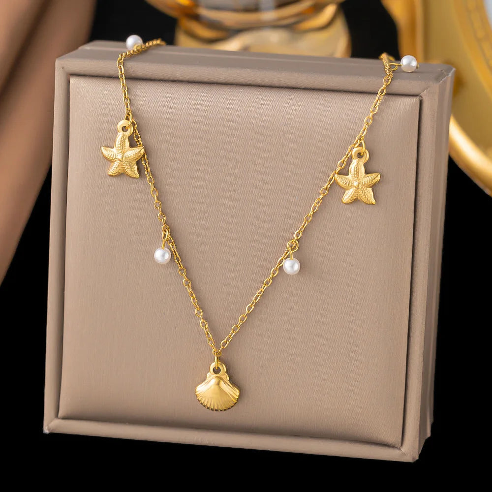14k Gold Plated Women’s Shell Necklace – Layered Starfish & Seashell Pearl Charm Jewelry
