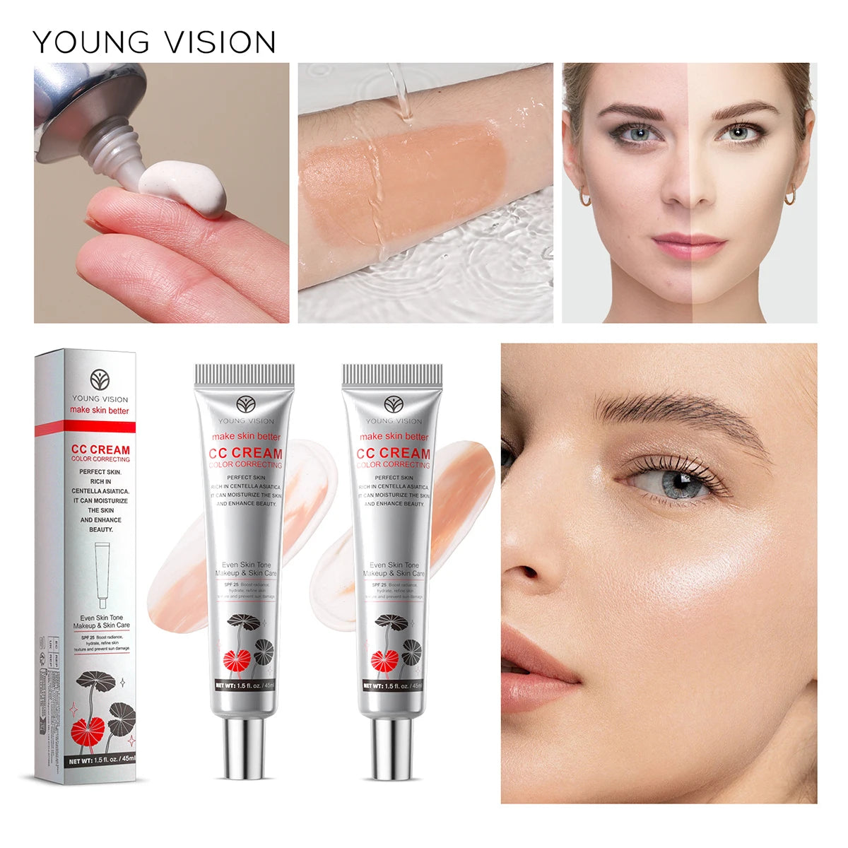 2-Color Brightening CC Cream with Puff – Even Skin Tone & Conceal Pores, Women’s Makeup Cosmetics