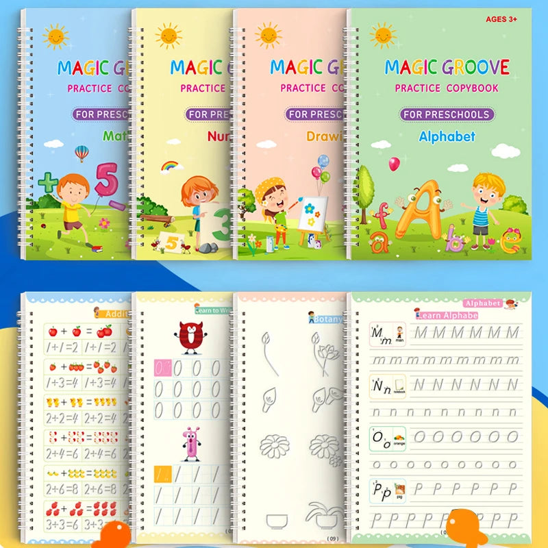4pcs Magic Groove Copybook Set – Reusable Calligraphy Practice Books & Pen for Kids Learning English Writing
