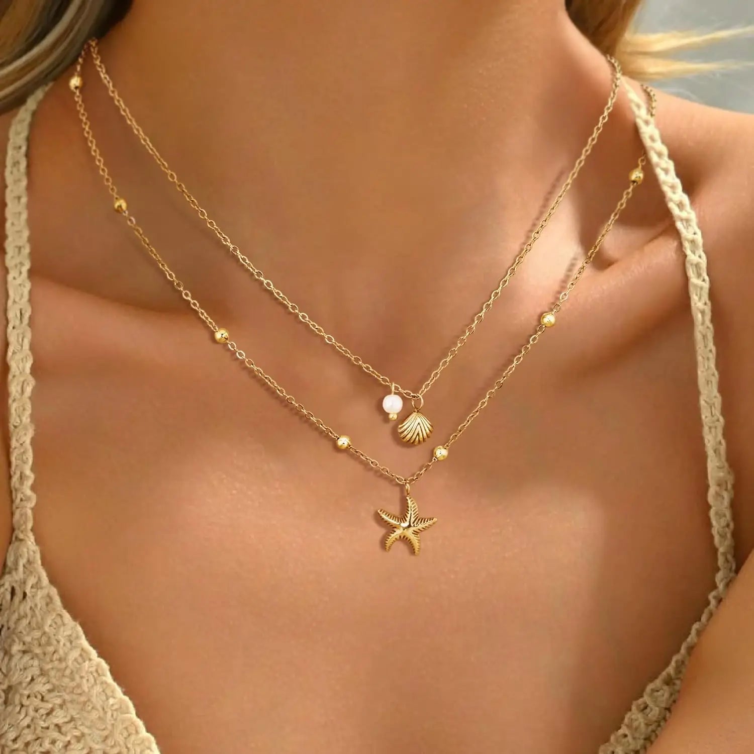 14k Gold Plated Women’s Shell Necklace – Layered Starfish & Seashell Pearl Charm Jewelry