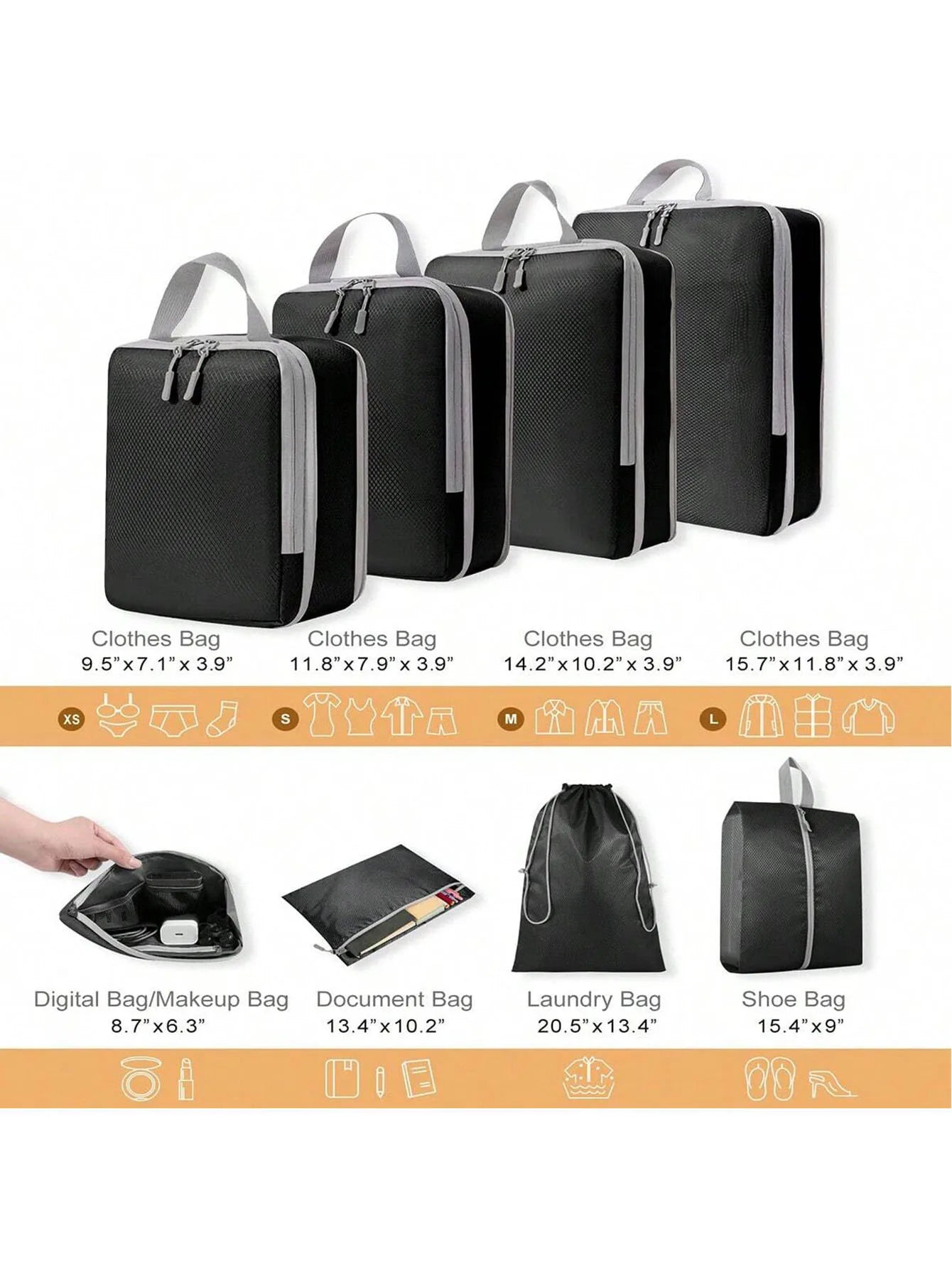Set/8 pcs Compressible Packing Travel Storage Bag Cubes Waterproof Suitcase Nylon Portable With Handbag Luggage Organizer Ryanai
