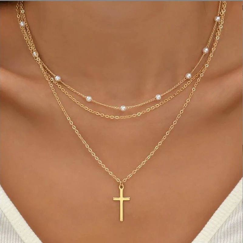 Multilayer Pearl Cross & Heart Pendant Necklace – Gold Color Fashion Jewelry for Women 2024 Trend