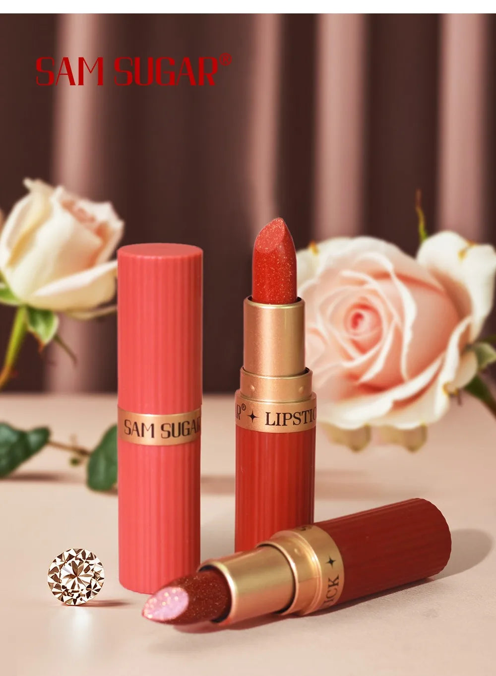 Pearlescent Pink Glitter Velvet Lipstick – Metallic, Waterproof, Long-Lasting Matte Shimmer Diamond Lipstick
