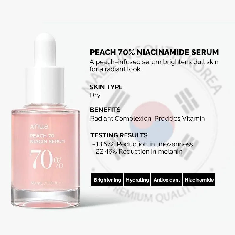 Anua Peach 70 Niacinamide Serum 30ml – Moisturizing, Brightening & Daily Korean Skincare