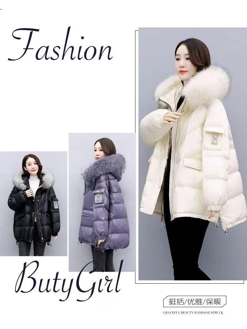 2025 Women’s Winter Down Cotton Jacket – Hooded Puffer Coat with Fur Collar