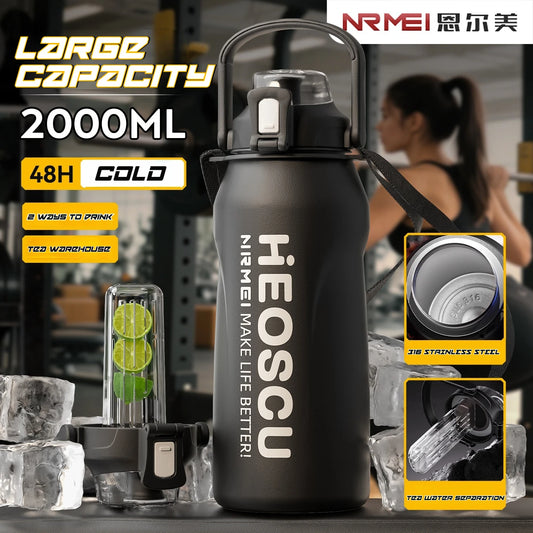 2L Large Stainless Steel Thermal Water Bottle with Straw – Vacuum Insulated Travel Tumbler for Outdoor Adventures