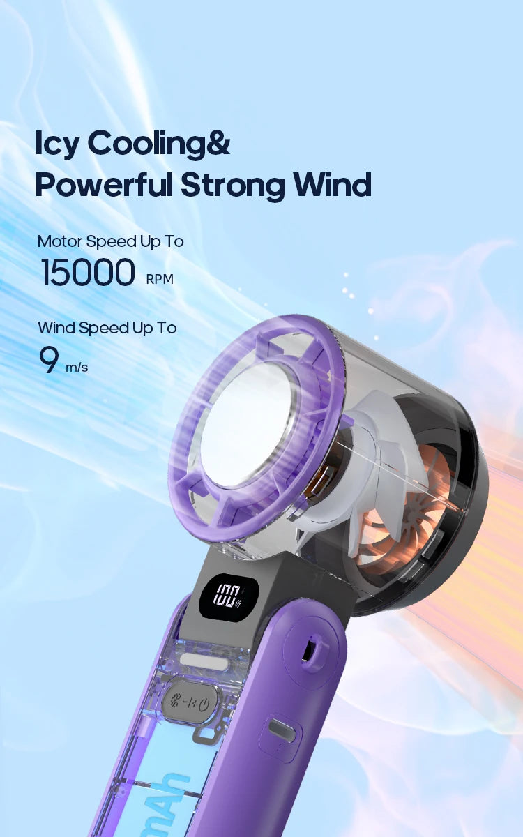 KINSCOTER Portable Air Cooling Turbo Fan 3600mAh 100 Wind Speeds Adjustable Outdoor Foldable Student Handheld Fan with Lanyard