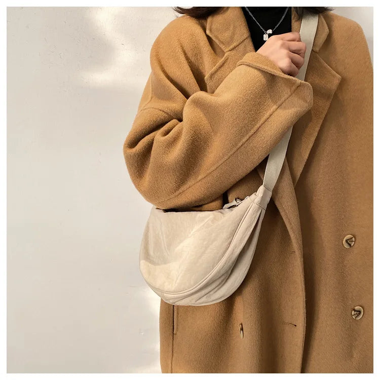 Solid Color Women’s Nylon Shoulder Bag – Portable Padded Crossbody Messenger Travel Handbag