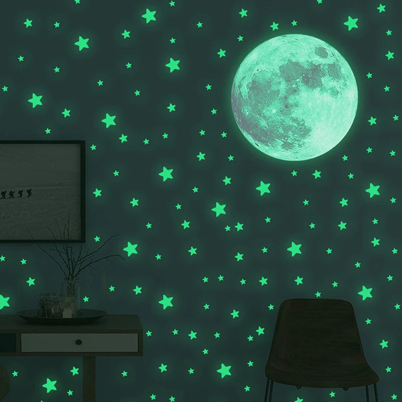 103pcs Luminous Moon & Stars Wall Stickers – Glow-in-the-Dark Kids Room Décor