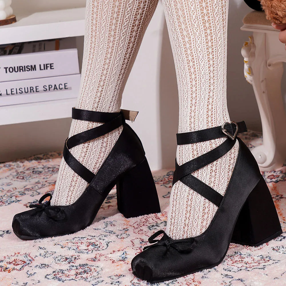 2025 Satin Pink Lolita Block Heels – Cute Cross-Strap Mary Janes for Women, Sweet Ballet Wedding Pumps