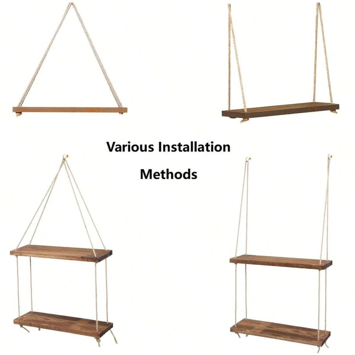 Wooden Swing Floating Shelf – Hemp Rope Hanging Wall Shelf for Plants & Home Decor