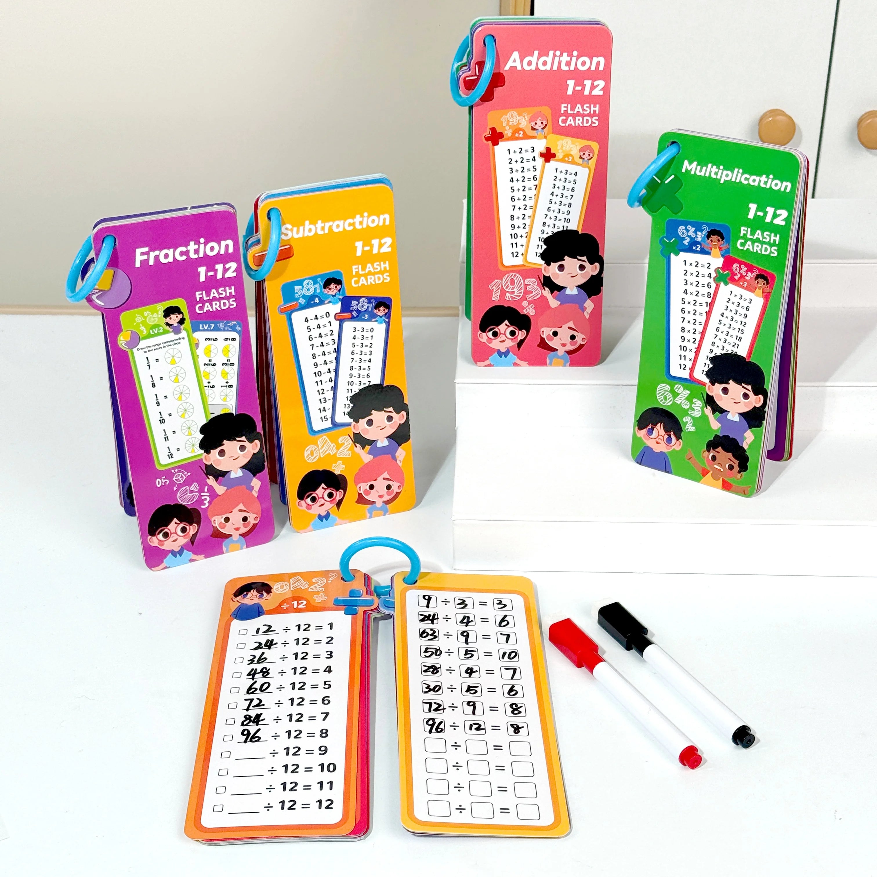 Digital Learning Math Flash Cards Set – 15 Reusable Cards with Erasable Pens for Kids Math Practice & Memory Training