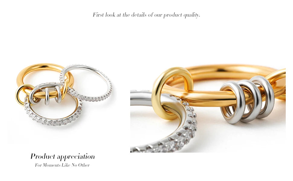 Stainless Steel Cubic Zirconia Stackable Ring – 18K Gold Plated Multi-Link Statement Jewelry for Women