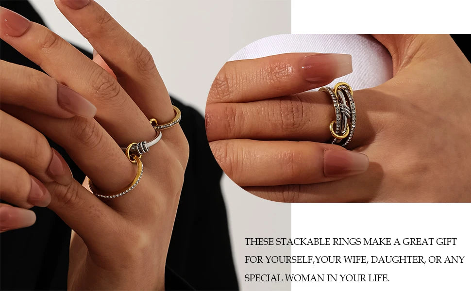 Stainless Steel Cubic Zirconia Stackable Ring – 18K Gold Plated Multi-Link Statement Jewelry for Women