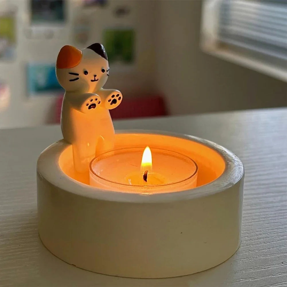 Cartoon Cat Tea Light Candle Holder – Cute Desktop Decorative Candlestick for Home & Office