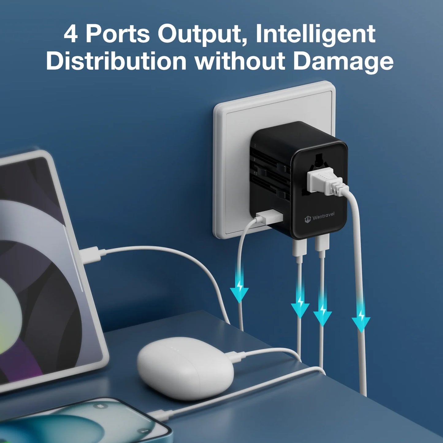 Universal 2500W Travel Adapter – 4 AC Outlets, 1 USB & 2 Type-C PD 25W Fast Charging EU/UK/US/AUS Plug