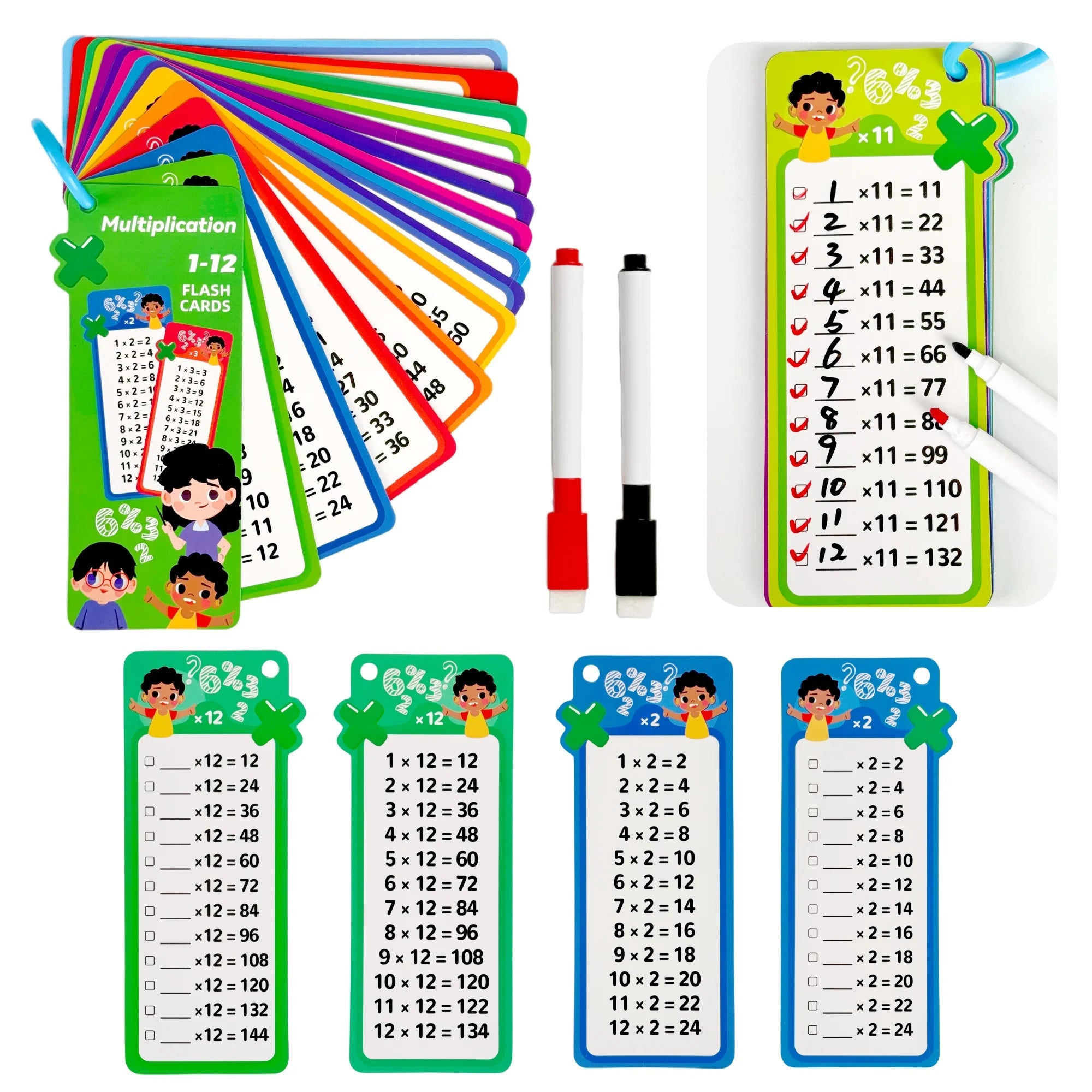 Digital Learning Math Flash Cards Set – 15 Reusable Cards with Erasable Pens for Kids Math Practice & Memory Training