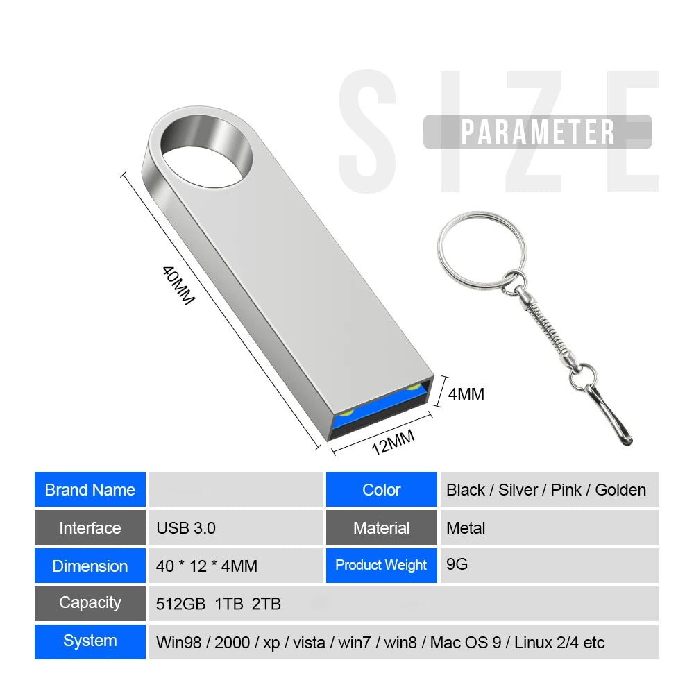Metal USB 3.0 Flash Drive 2TB – High-Speed Pendrive for Laptop, PC, Xiaomi & MIJIA Devices