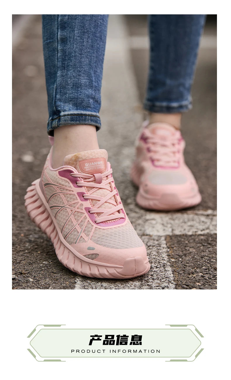 Pink Women’s Steel Toe Work Sneakers – Lightweight Safety Shoes Anti-Smash & Anti-Puncture