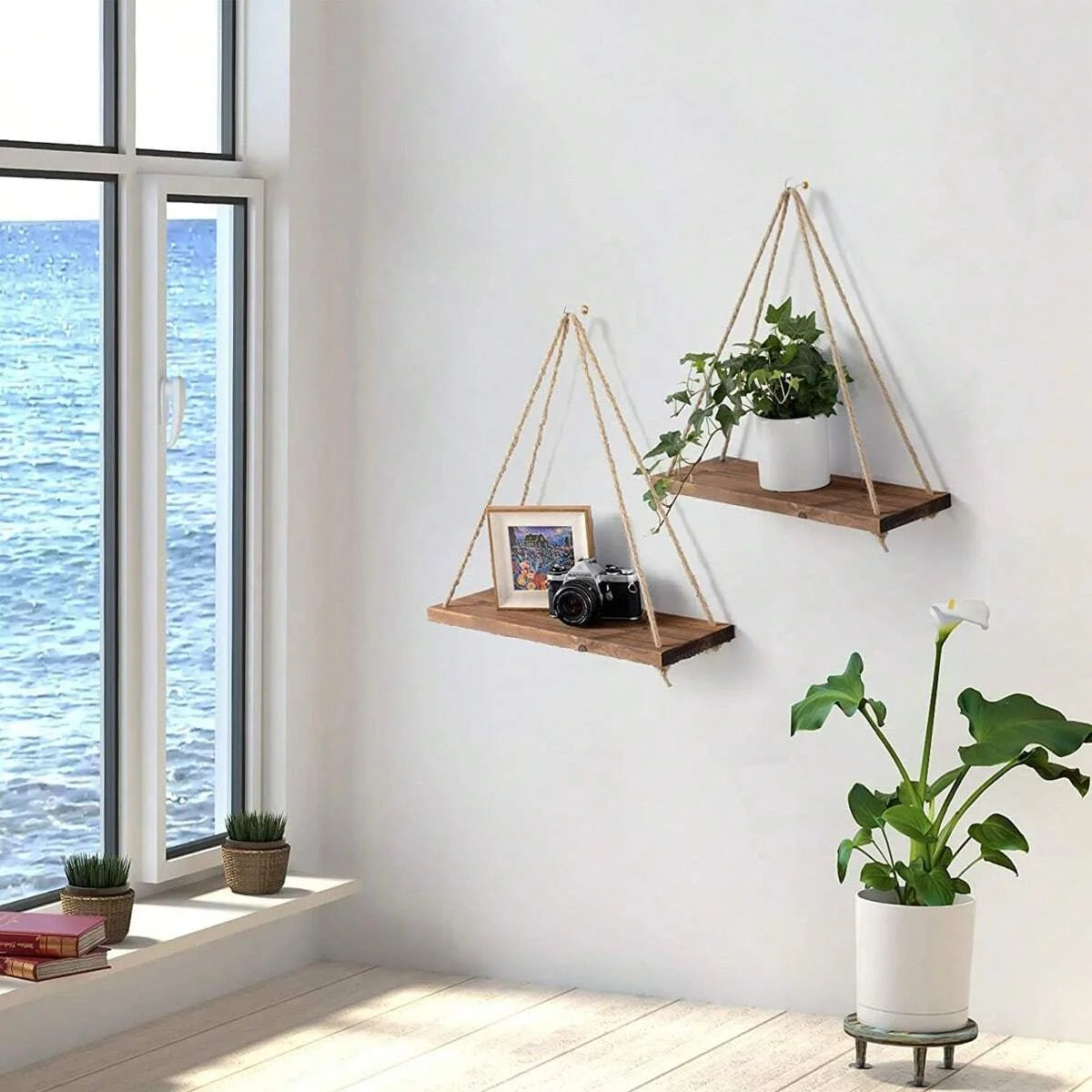 Wooden Swing Floating Shelf – Hemp Rope Hanging Wall Shelf for Plants & Home Decor