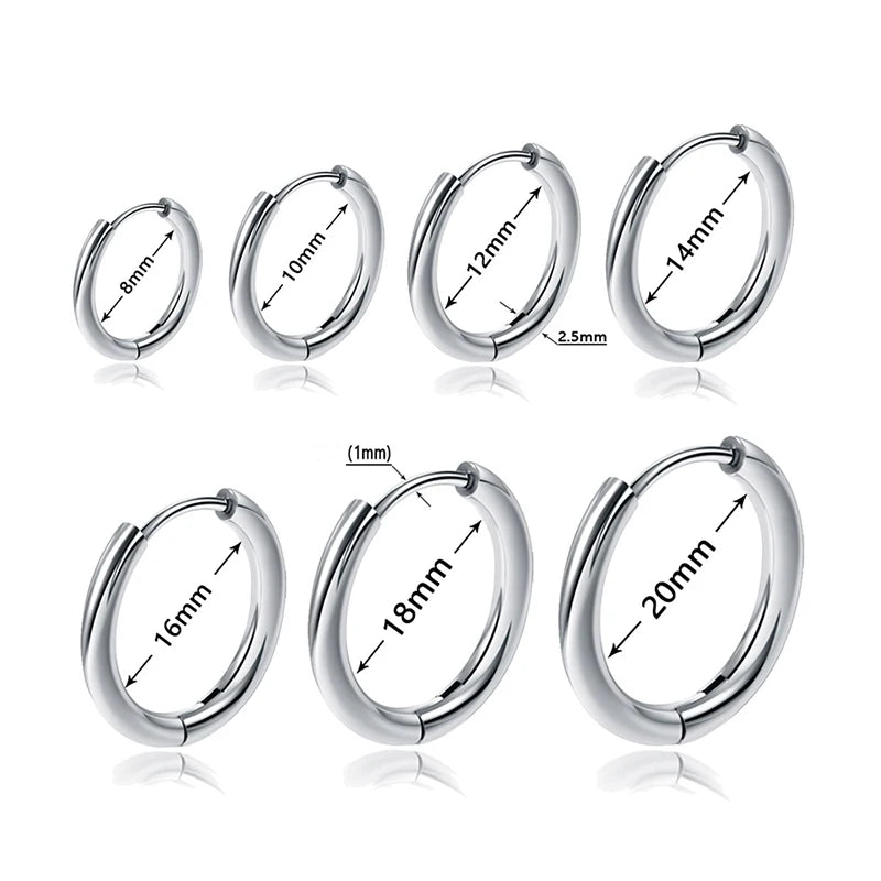 1 Pair Stainless Steel Round Hoop Earrings – 2.5mm Thick Hip-Hop Huggie Jewelry for Women