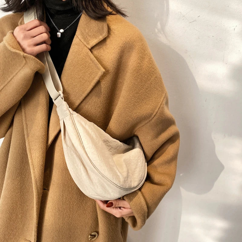 Solid Color Women’s Nylon Shoulder Bag – Portable Padded Crossbody Messenger Travel Handbag