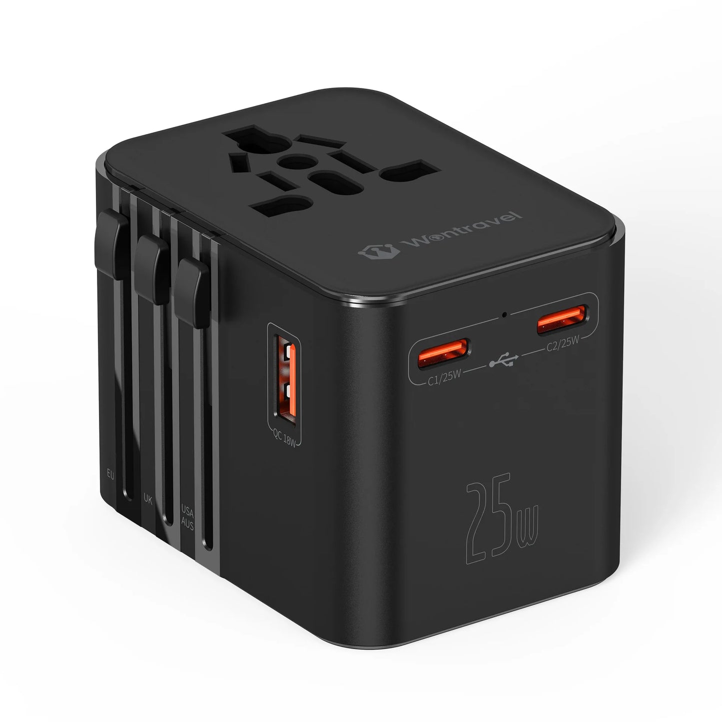 Universal 2500W Travel Adapter – 4 AC Outlets, 1 USB & 2 Type-C PD 25W Fast Charging EU/UK/US/AUS Plug