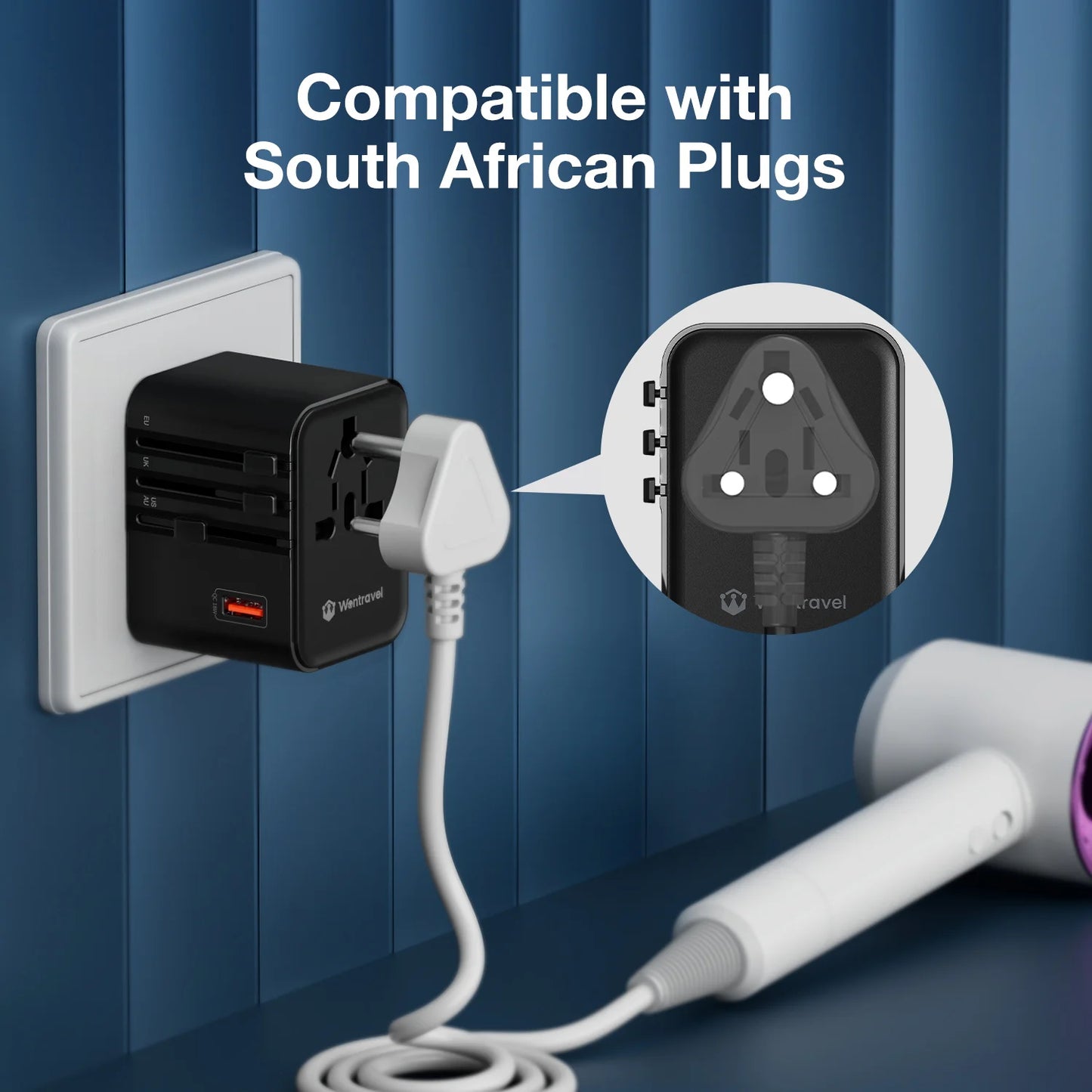 Universal 2500W Travel Adapter – 4 AC Outlets, 1 USB & 2 Type-C PD 25W Fast Charging EU/UK/US/AUS Plug