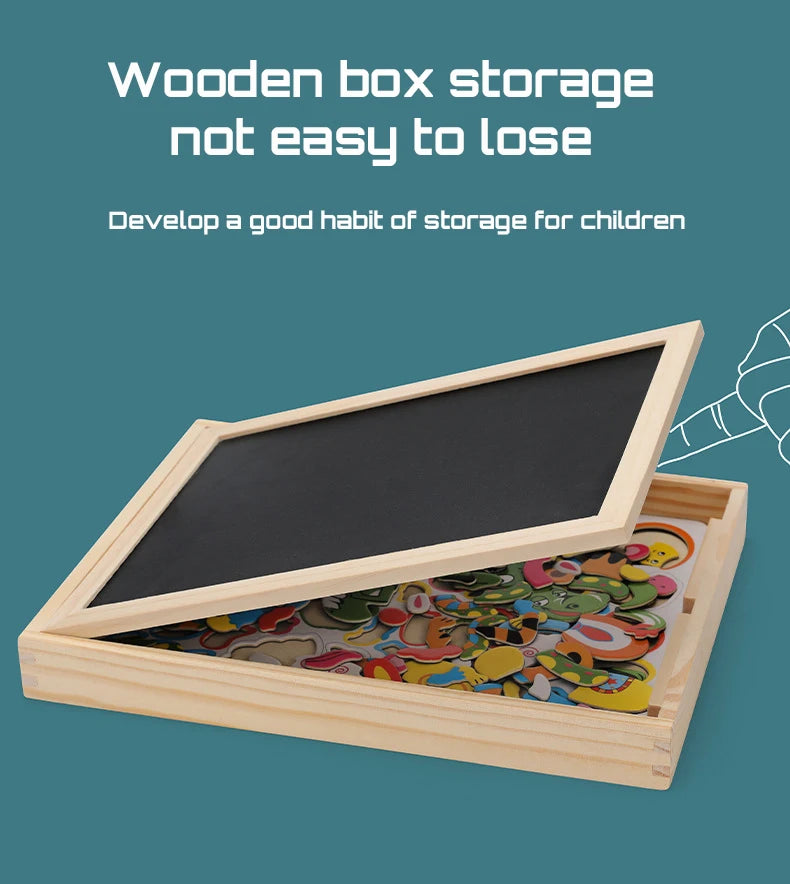 100+Pcs Wooden Magnetic Animal Puzzle Board – Multifunction Learning Drawing Toy for Kids Education & Creativity