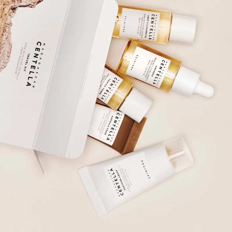 Korean Skin Care Centella Travel Kit Toner, Ampoule, Soothing Cream, Cleansing Oil, Foam, Basic Skincare Box 5pcs Set Gift Set