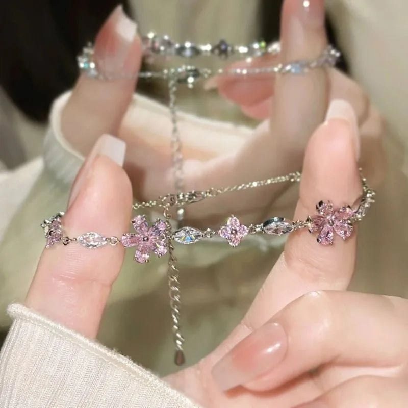 Y2K Pink Crystal Flower Bracelet – Elegant Zircon Blossom Jewelry for Women