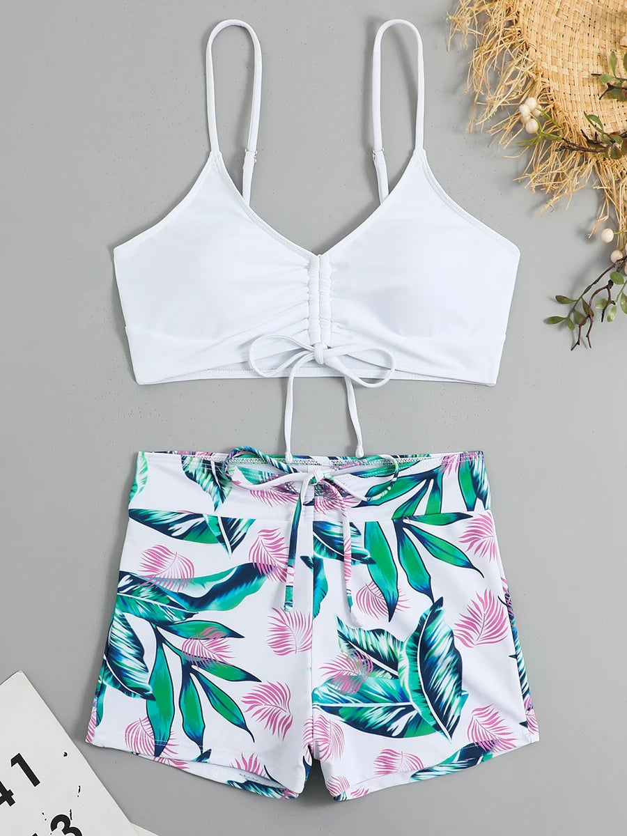 Drawstring Front Shorts Bikinis 2025 High Waist Swimsuit Women Swimwear Female Bathers Bathing Swimming Swim Suit Beachwear