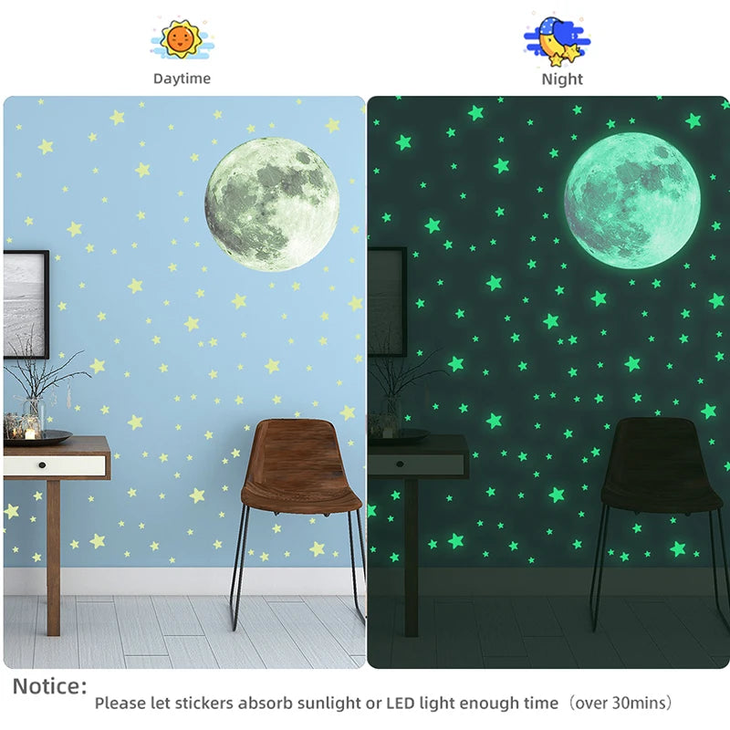 103pcs Luminous Moon & Stars Wall Stickers – Glow-in-the-Dark Kids Room Décor