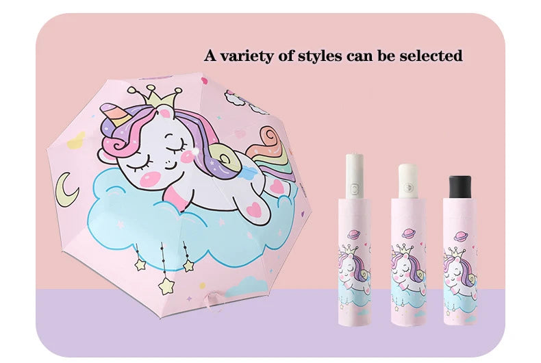 Pink Unicorn Princess Automatic Umbrella – Windproof Folding Reflective Umbrella